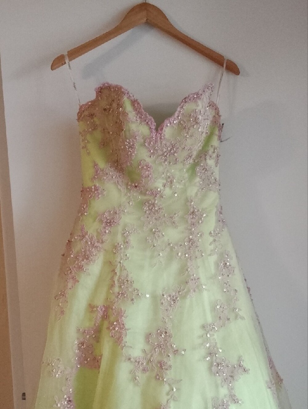 Strapless Yellow Ball Gown with Pink Embellishment - Picture 2 of 7